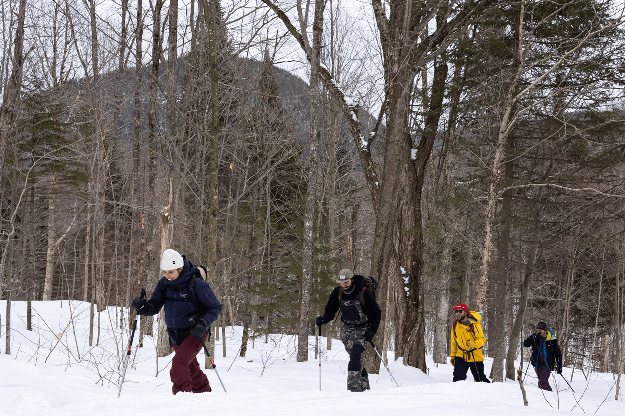 Un groupe de skieurs se promène dans l'arrière-pays de la Vallée Bras-du-Nord