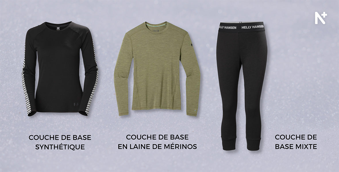 Couches de base pour le ski alpin : haut synthétique, haut en laine mérinos et pantalon en tissu mixte.